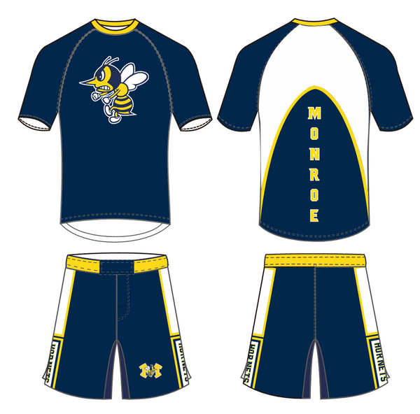 Navy & White Monroe Hornets Wrestling Compression Shirt and Fight Shorts (Fully Sublimated)