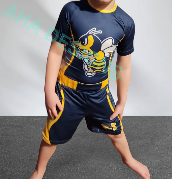 Monroe Hornets Wrestling Compression Shirt And Fight Shorts (Fully Sublimated)