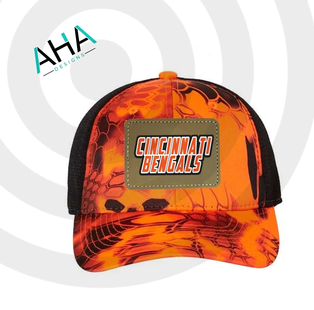 Bengals Performance Inferno Camo Mesh Back Cap with Leatherette Patch – AHA  Designs LLC