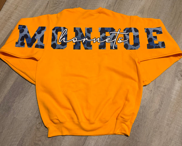 Gold Monroe Hornets Leopard Script Crewneck Sweatshirt