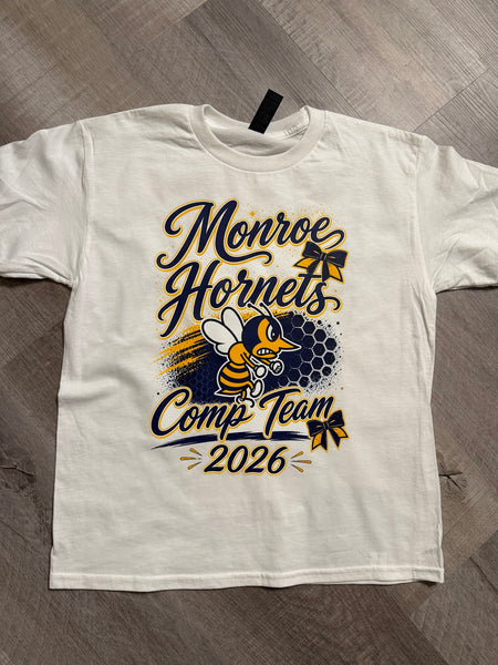 2026 Monroe Hornets competition cheer tee front