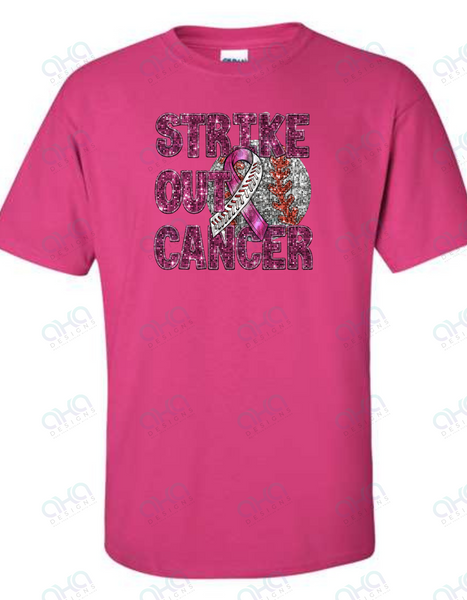 Strike Out Cancer Baseball Cancer Breast Cancer Awareness Faux Sequin Tee