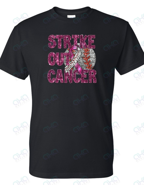 Strike Out Cancer Baseball Cancer Breast Cancer Awareness Faux Sequin Tee