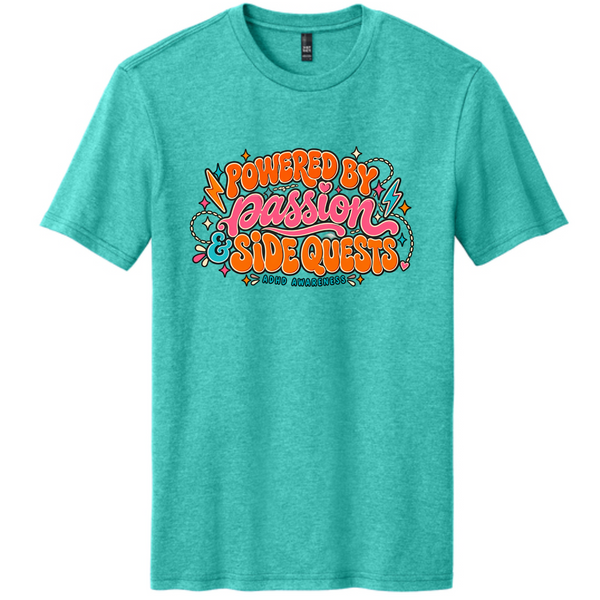 Powered by Passion & Side Quests – ADHD Awareness Tee — Aqua Heather