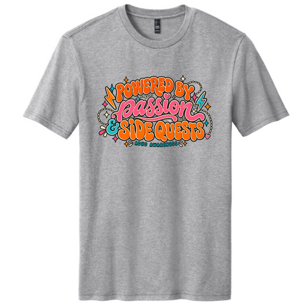 Powered by Passion & Side Quests – ADHD Awareness Tee — Light Heather Gray