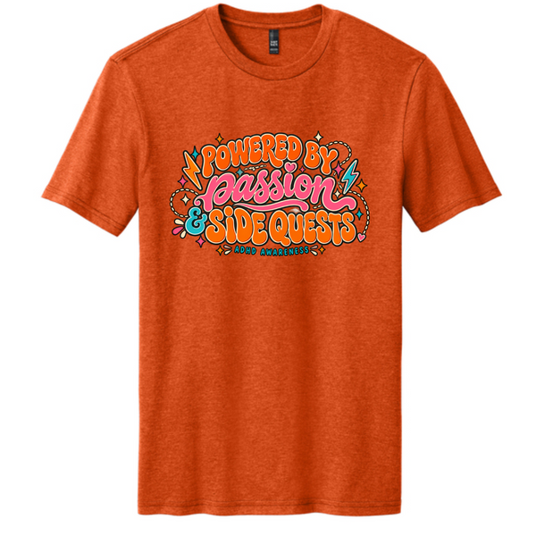 Powered by Passion & Side Quests – ADHD Awareness Tee — Deep Orange Heather