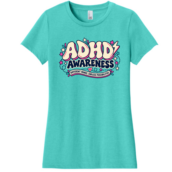 Different Minds, Endless Possibilities – ADHD Awareness Women’s Tee — Aqua Heather