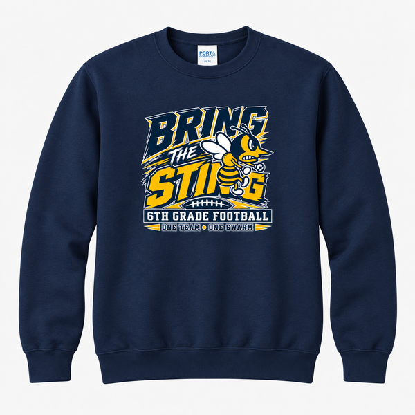 Bring the Sting 6th Grade Football design on navy Port & Company PC78 crewneck sweatshirt