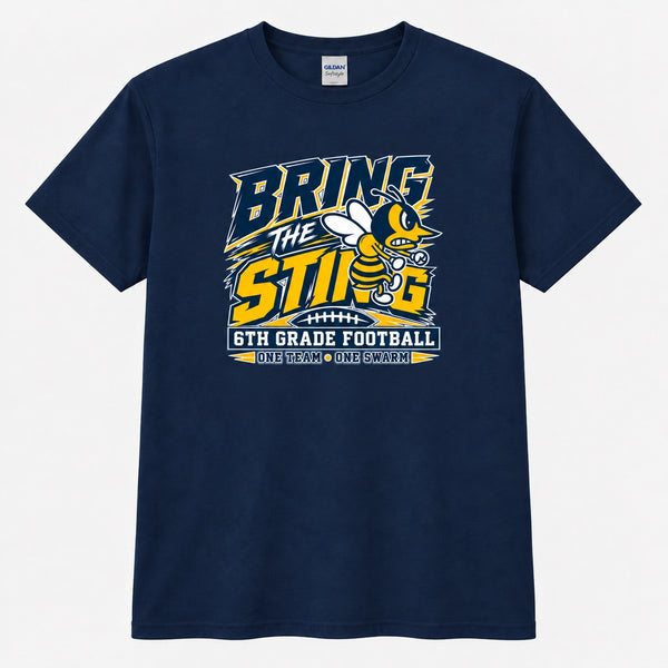 Bring the Sting 6th Grade Football design on navy Gildan Softstyle tee