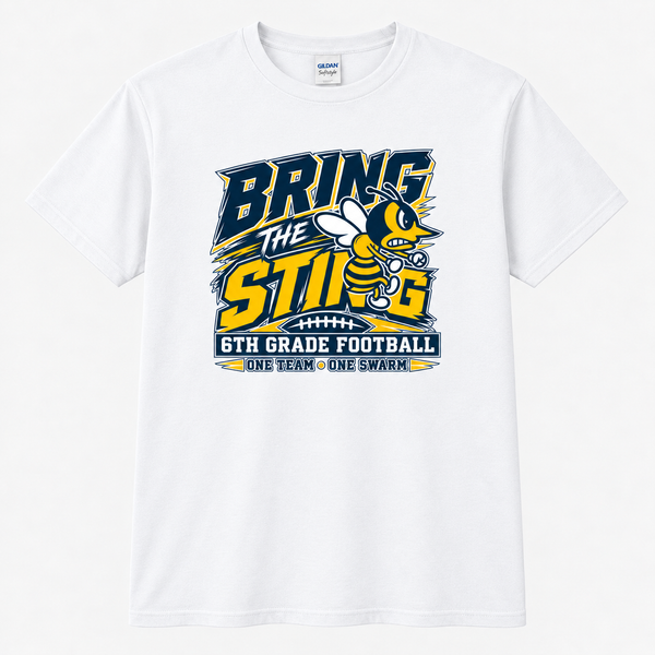 Bring the Sting 6th Grade Football design on white Gildan Softstyle tee
