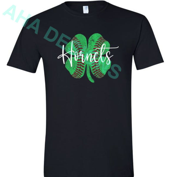 Distressed Hornets Baseball Shamrock Black Tee