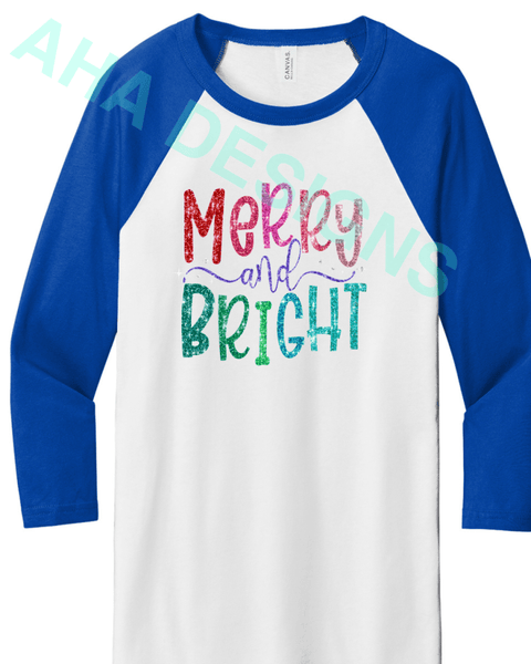 Merry & Bright Bella + Canvas Unisex 3/4 Sleeve - Ordering Ends 11/25 Xs / White/Blue