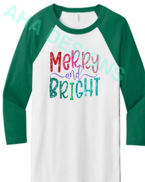 Merry & Bright Bella + Canvas Unisex 3/4 Sleeve - Ordering Ends 11/25 Xs / White/Green