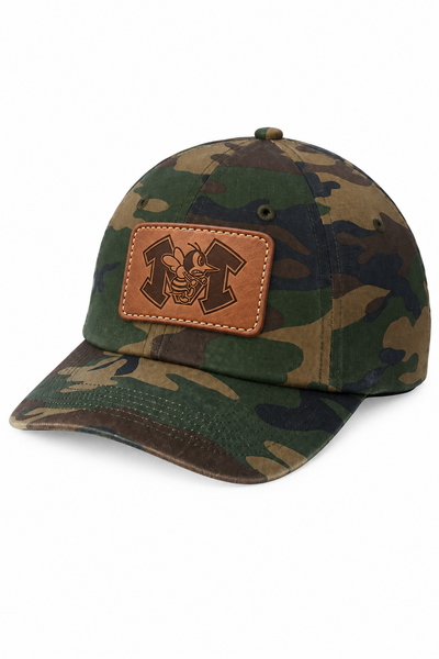 Monroe Hornets camo cap with engraved leather patch - front