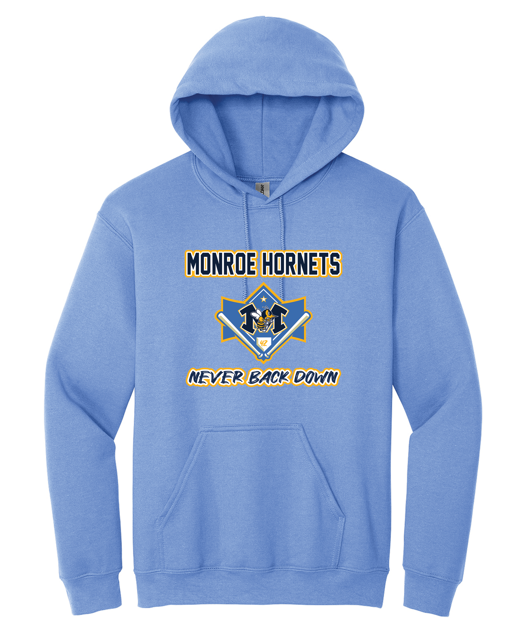 2025 Blue Monroe Hornets Baseball Never Back Down Hoodie