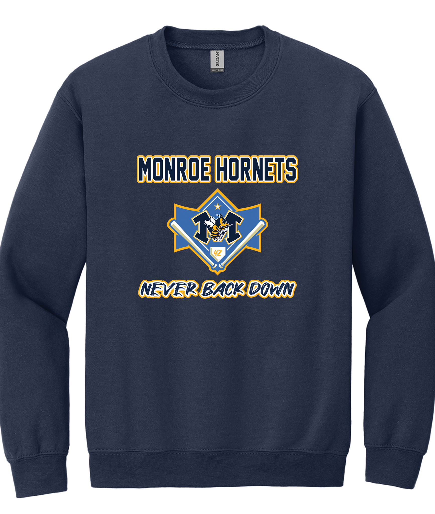 2025 Navy Monroe Hornets Baseball Never Back Down Crewneck Sweatshirt