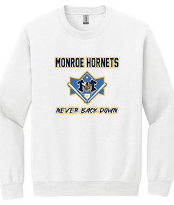 2025 White Monroe Hornets Baseball Never Back Down Crewneck Sweatshirt