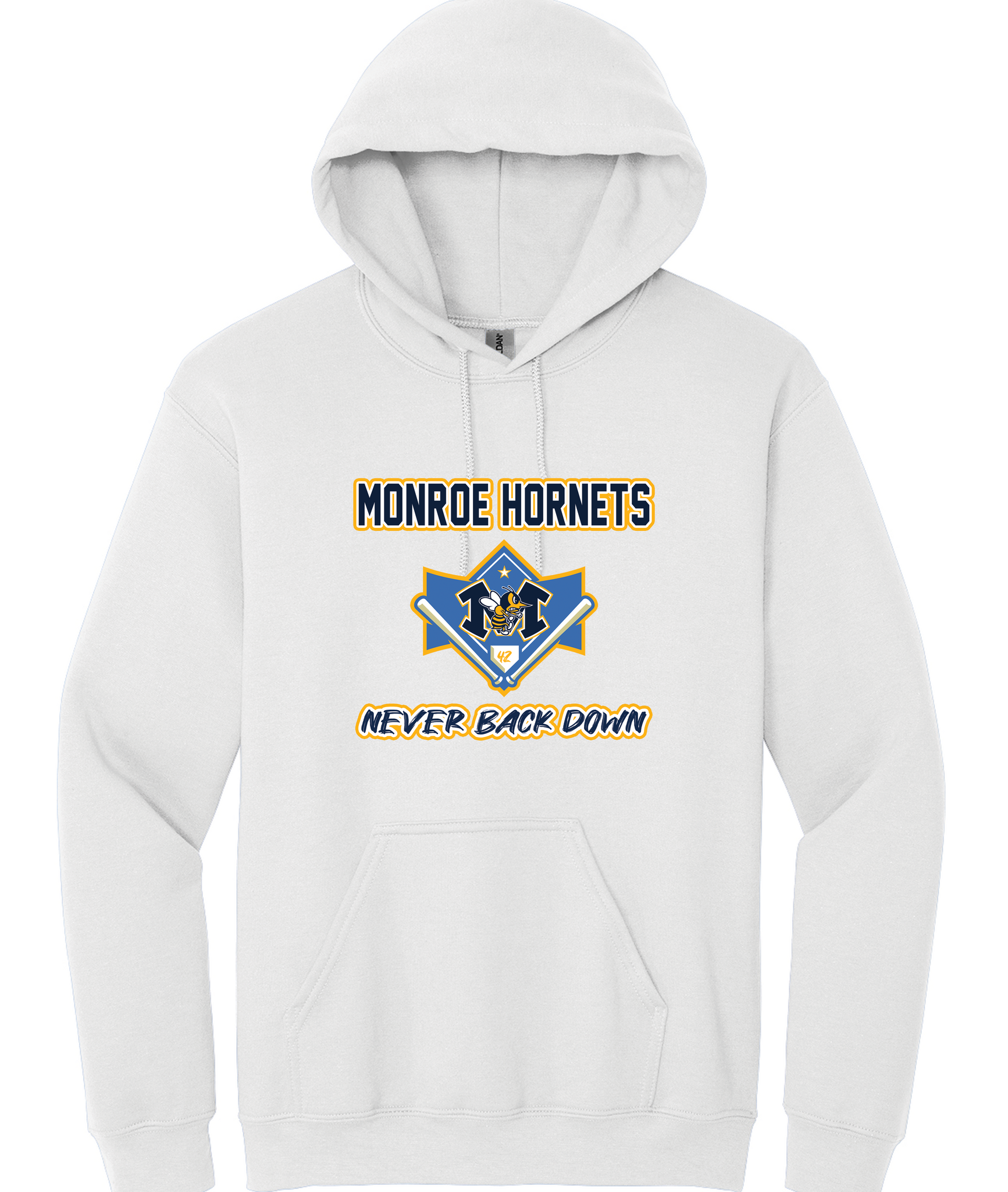 2025 White Monroe Hornets Baseball Never Back Down Hoodie