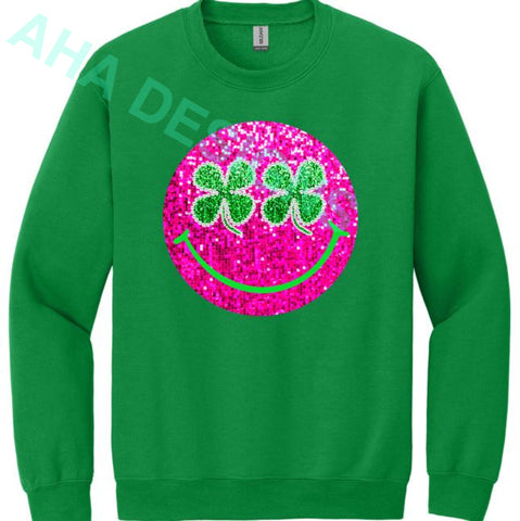 Pink Faux Sequin Shamrock Smile Crewneck Sweatshirt