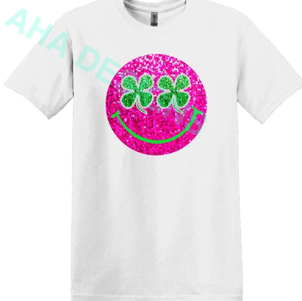 Pink Faux Sequin Shamrock Smile Tee