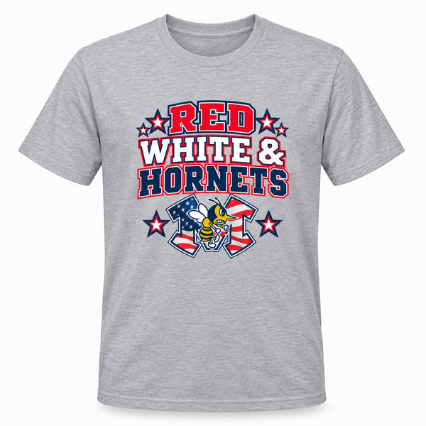 Red White & Hornets Americana fundraiser T-shirt in sport gray