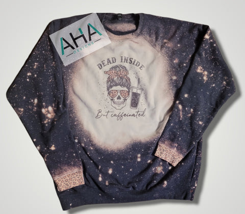 Bleached 'Dead Inside but Caffeinated' Crew Sweatshirt with leopard cuffs