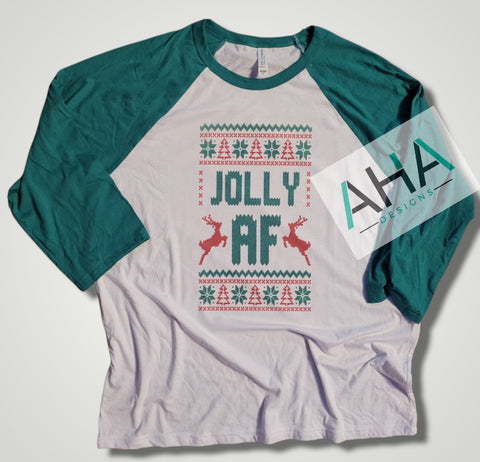 'Jolly AF' Ugly Sweater Design 3/4 sleeve baseball tee