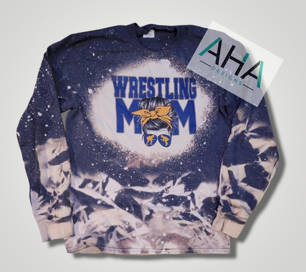 Bleached Blue and Gold 'Wrestling Mom' Long Sleeve Tee