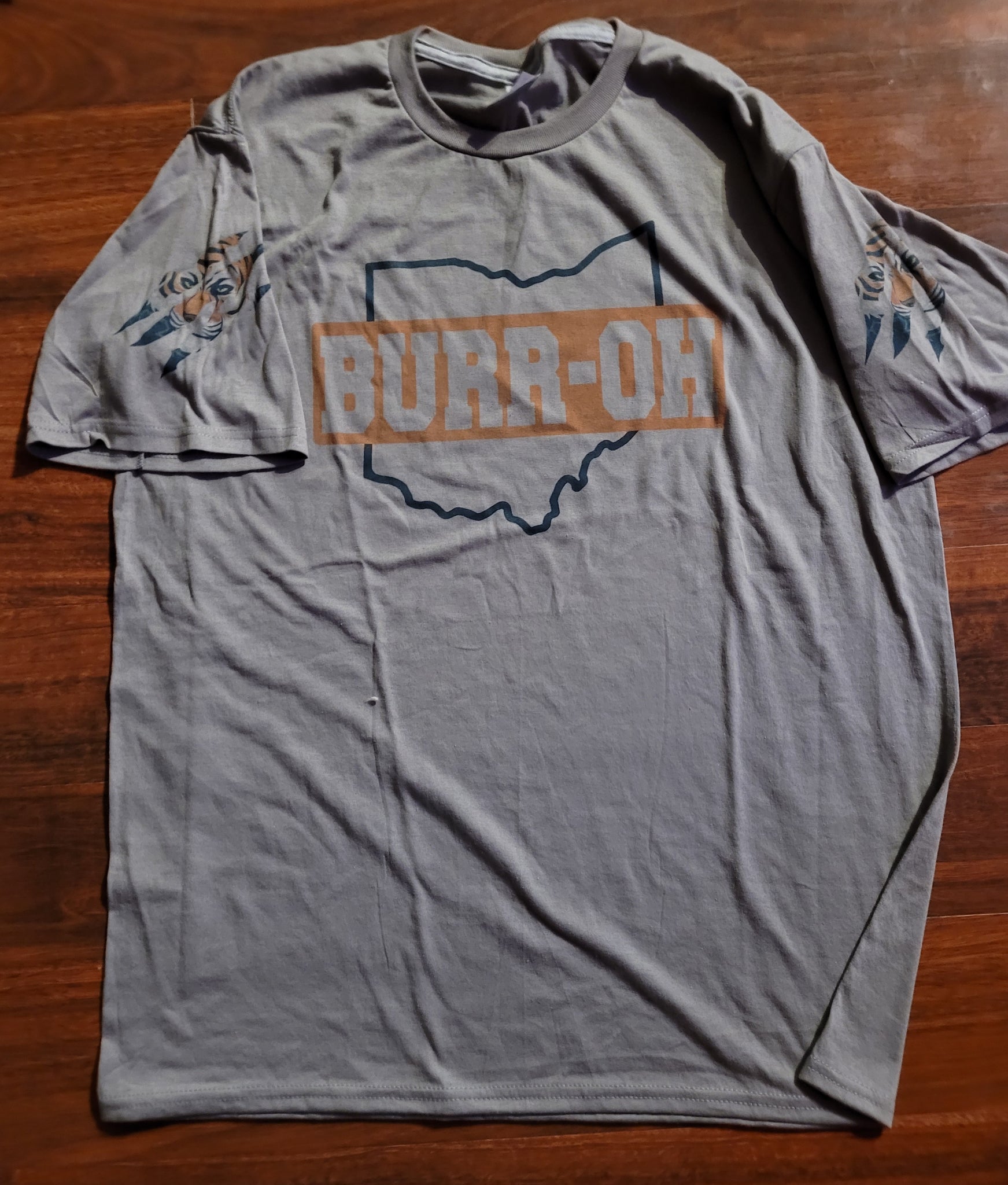 Large Gray BURR-OH with tiger sleeves tee