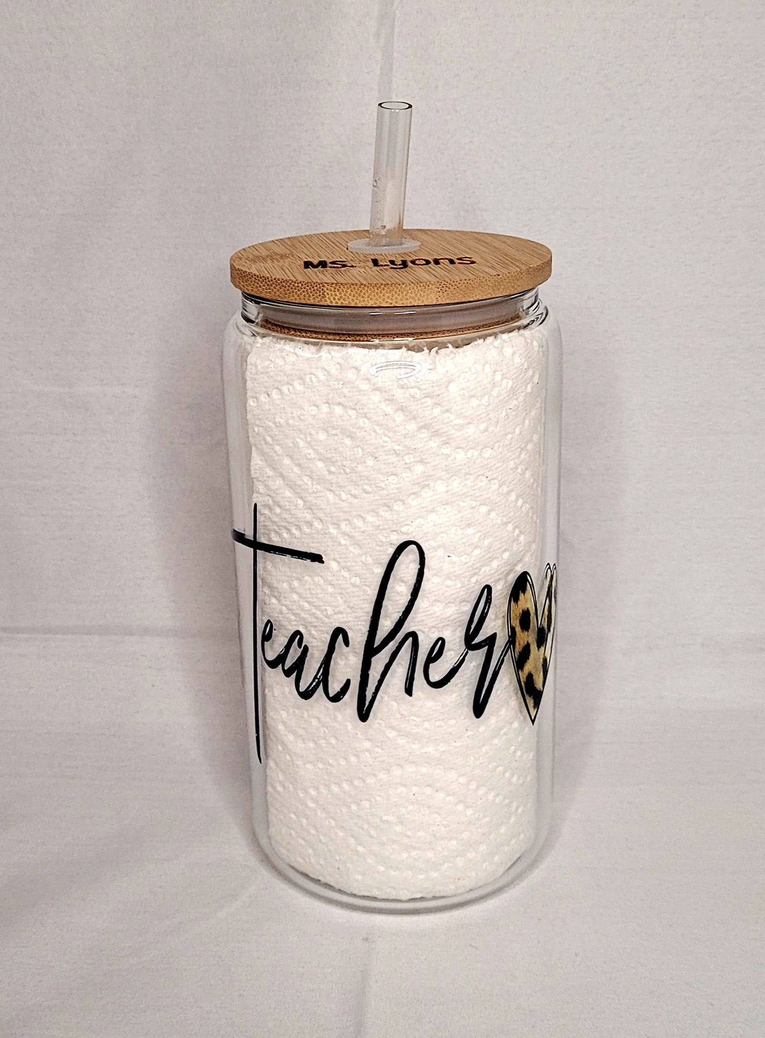 16oz Teacher leopard heart glass jar/tumbler with bamboo lid