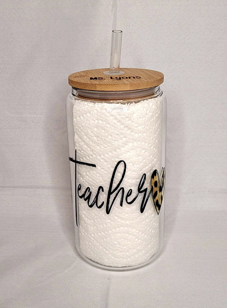 16oz Teacher leopard heart glass jar/tumbler with bamboo lid