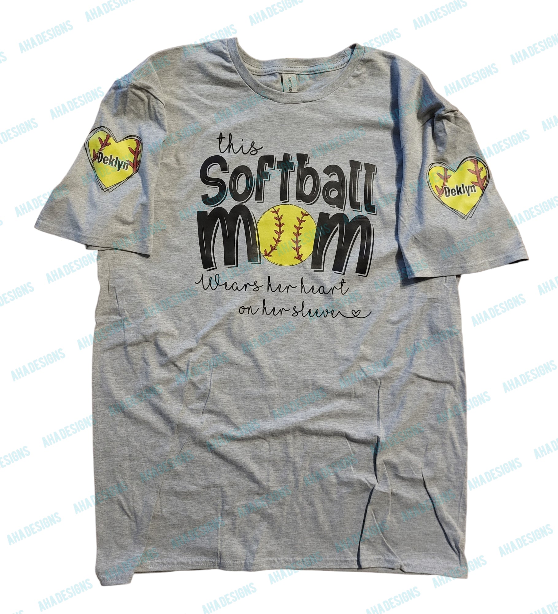 This Mom Wears Her Heart on Her Sleeve Personalized Softball Tee