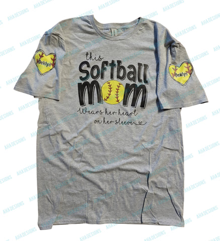 This Mom Wears Her Heart on Her Sleeve Personalized Softball Tee