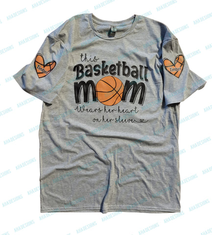This Mom Wears Her Heart on Her Sleeve Personalized Basketball Tee