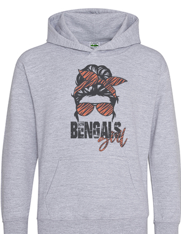 Bengals Girl Messy Bun Gray Hooded Sweatshirt