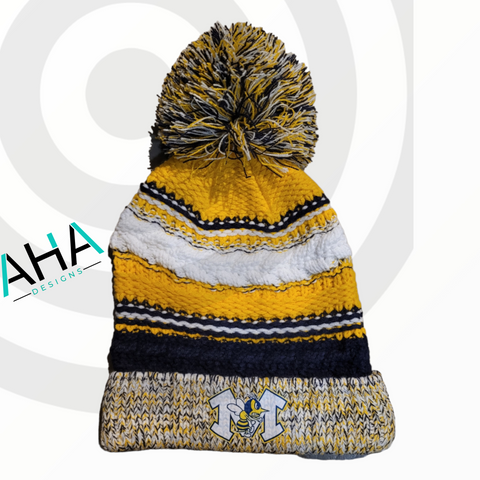 Monroe Hornets Navy/Gold/White  Chunky Knit with Large Pom Pom Beanie