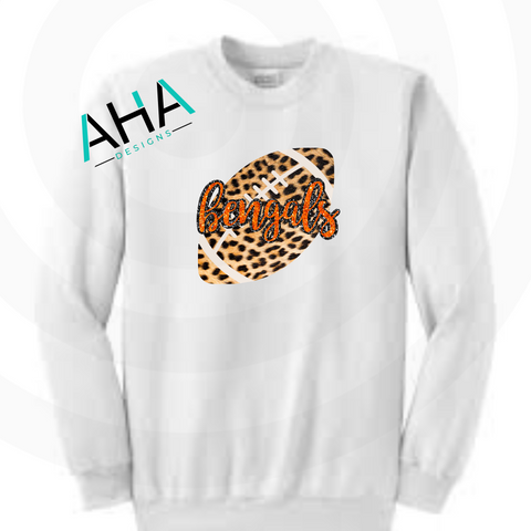 Leopard Football Faux Glitter Bengals Crew Sweatshirt  (Gray/White)