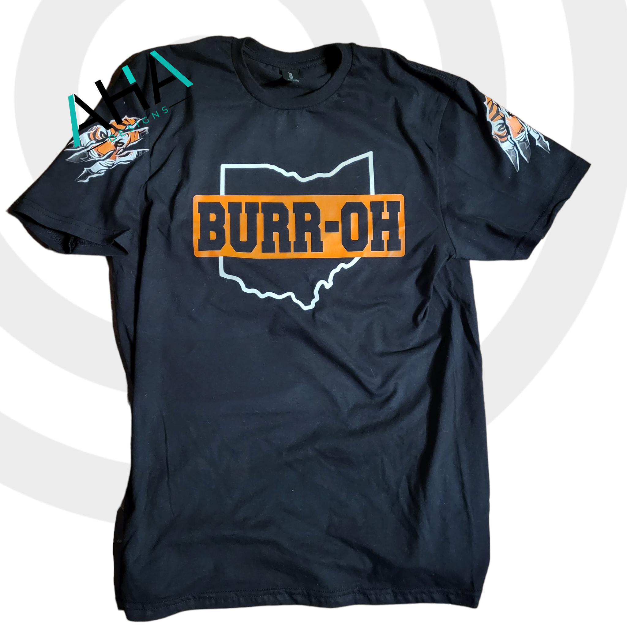 BURR-OH with tiger sleeves black tee